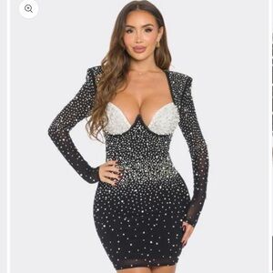 New Beautiful White Pearl Studded Nude Mesh Underwire Long Sleeve Mini Dress